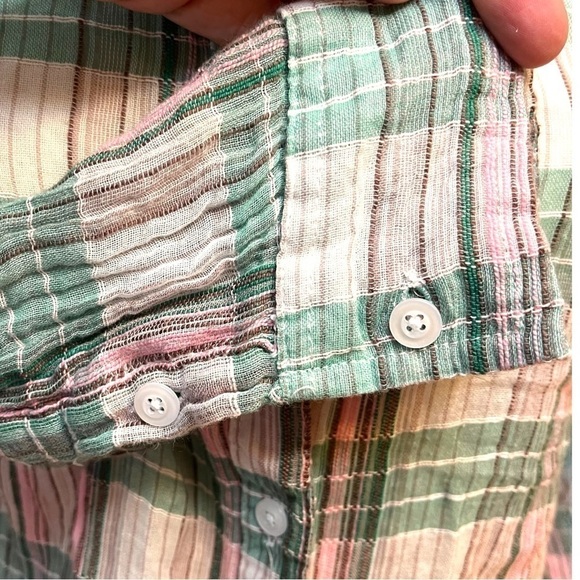 Caribbean Joe Lightweight Plaid Button Up Top with Roll Tab Sleeves - Picture 7 of 11
